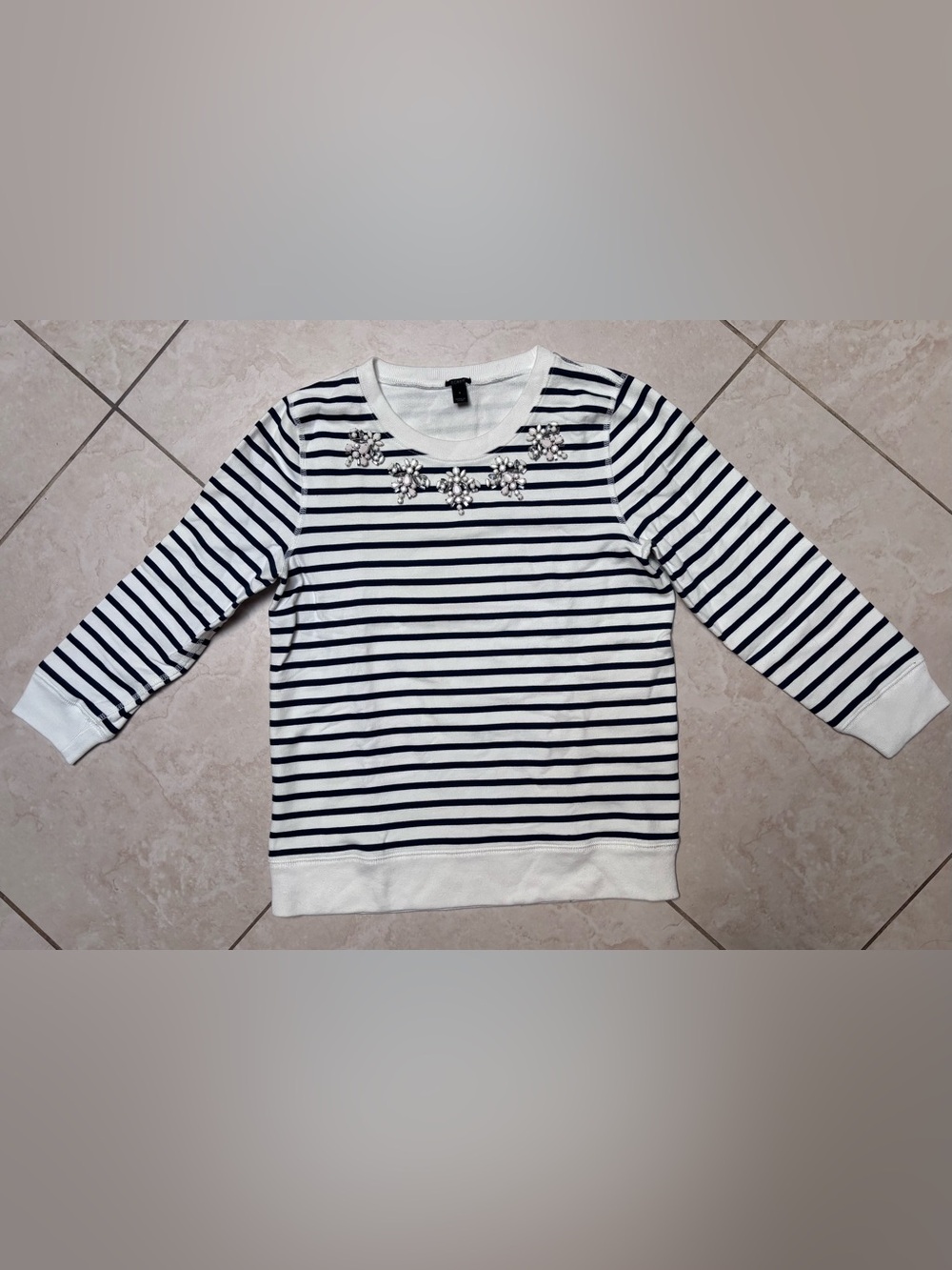 J. Crew White Knit Top with Navy Stripe Accent